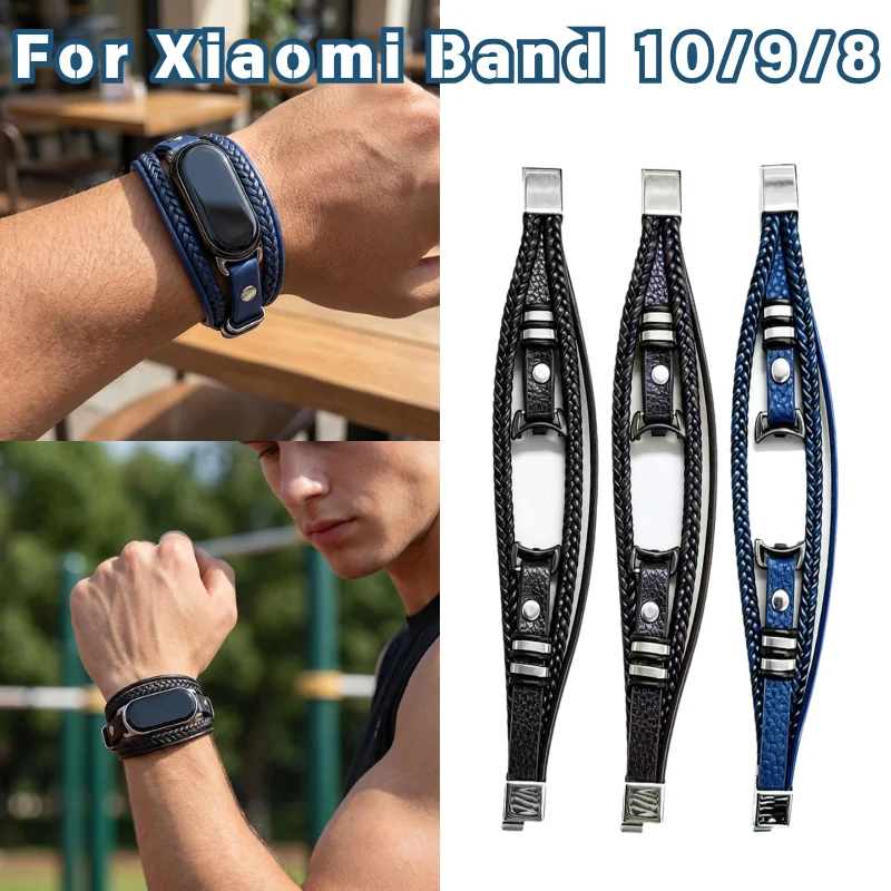 Fashion Braided Double Leather Strap For Xiaomi Band 8 7 6 5  Stylish Braided Replacement Strap Adjustable Smart Watch Wristband