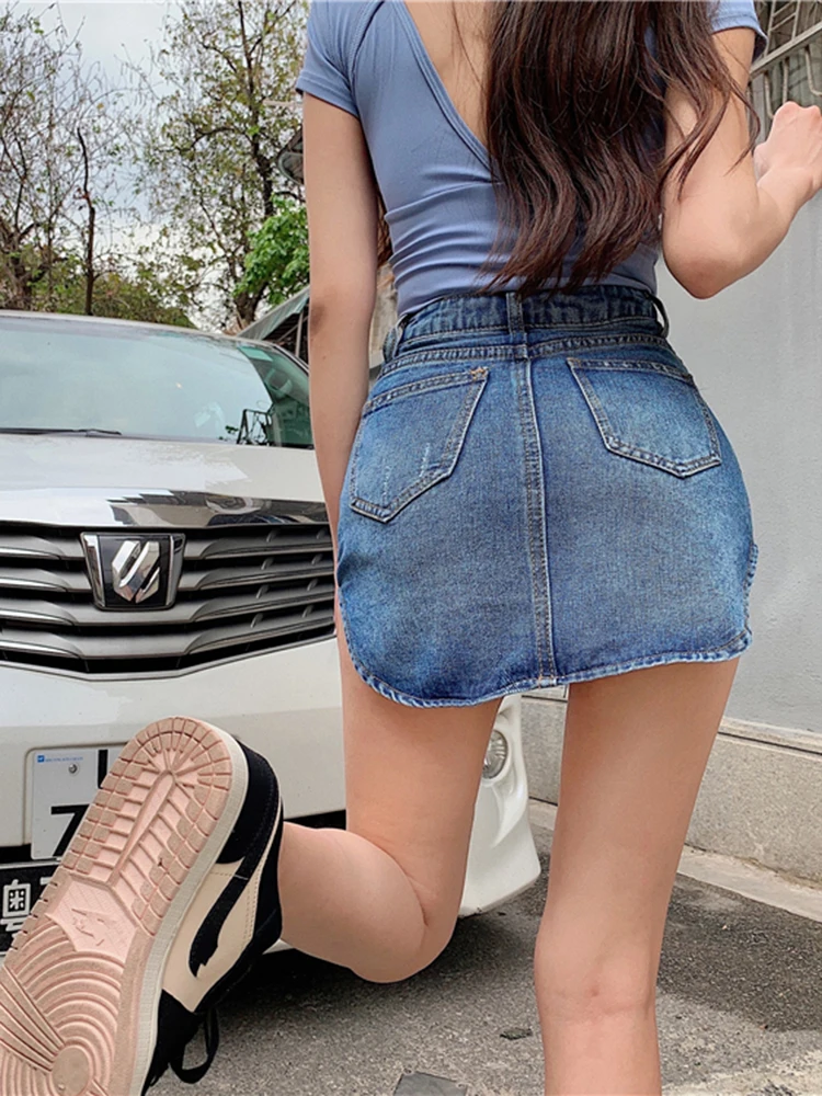 Denim Skirts for Women Sexy Ripped Hole High Waist Slim Shorts Skirts Summer Jupe Femme 2024 Y2K Woman Cloth Jean Mini Skirt