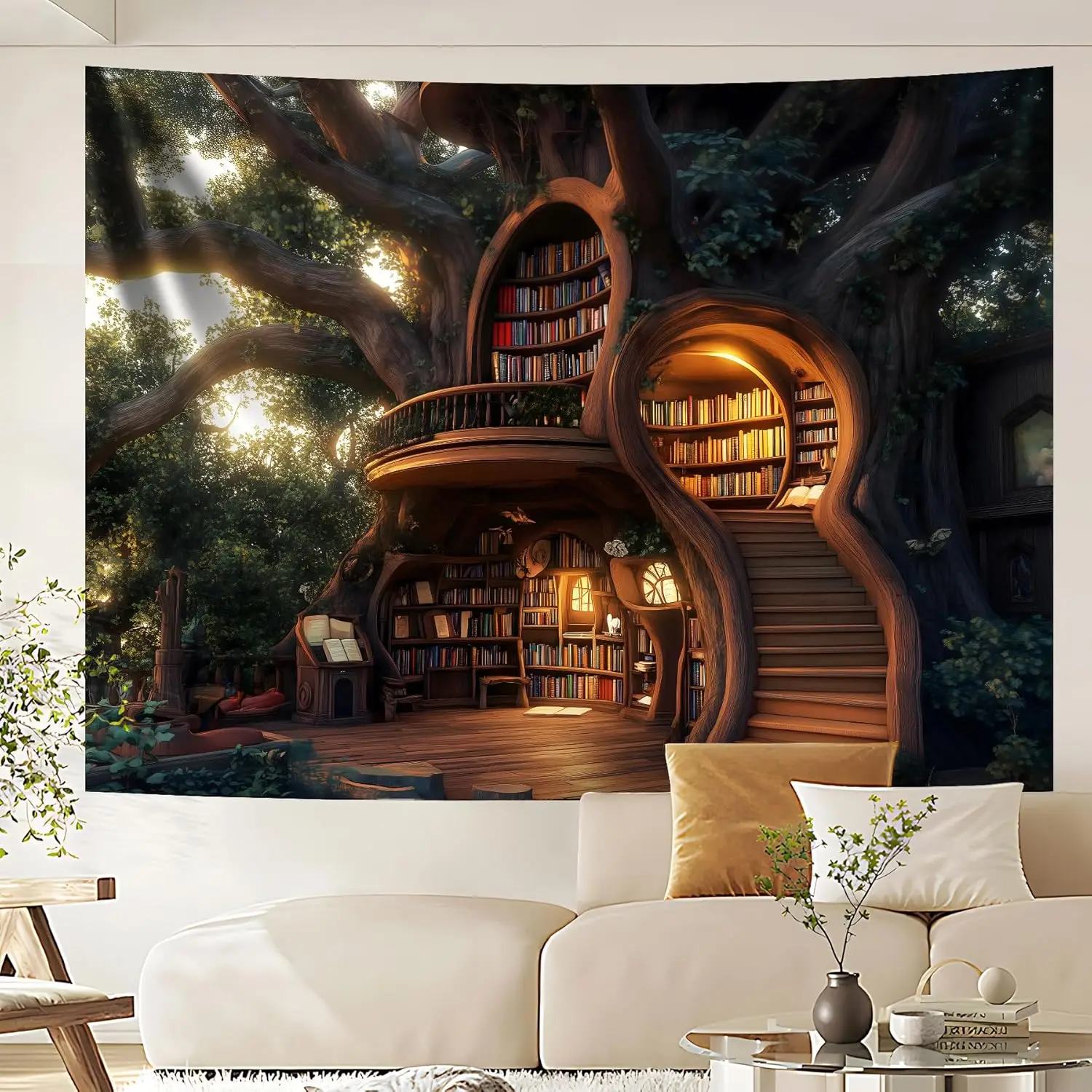 Fantasy Treehouse with Bookshelves and Sunlight Wall Mural 2D HD Print Whimsical Scene Nature Landscape Home Bedroom Tapestry
