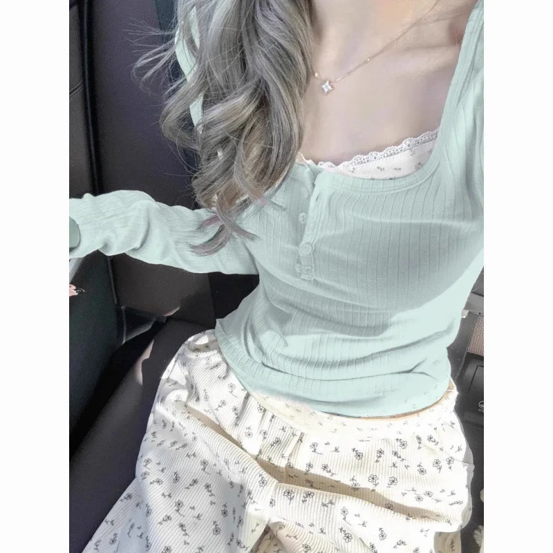 Ballet Style Mint Green Floral Long Sleeved T-shirt for Women Slim Fit Short Fake Two-piece Base Shirt Top