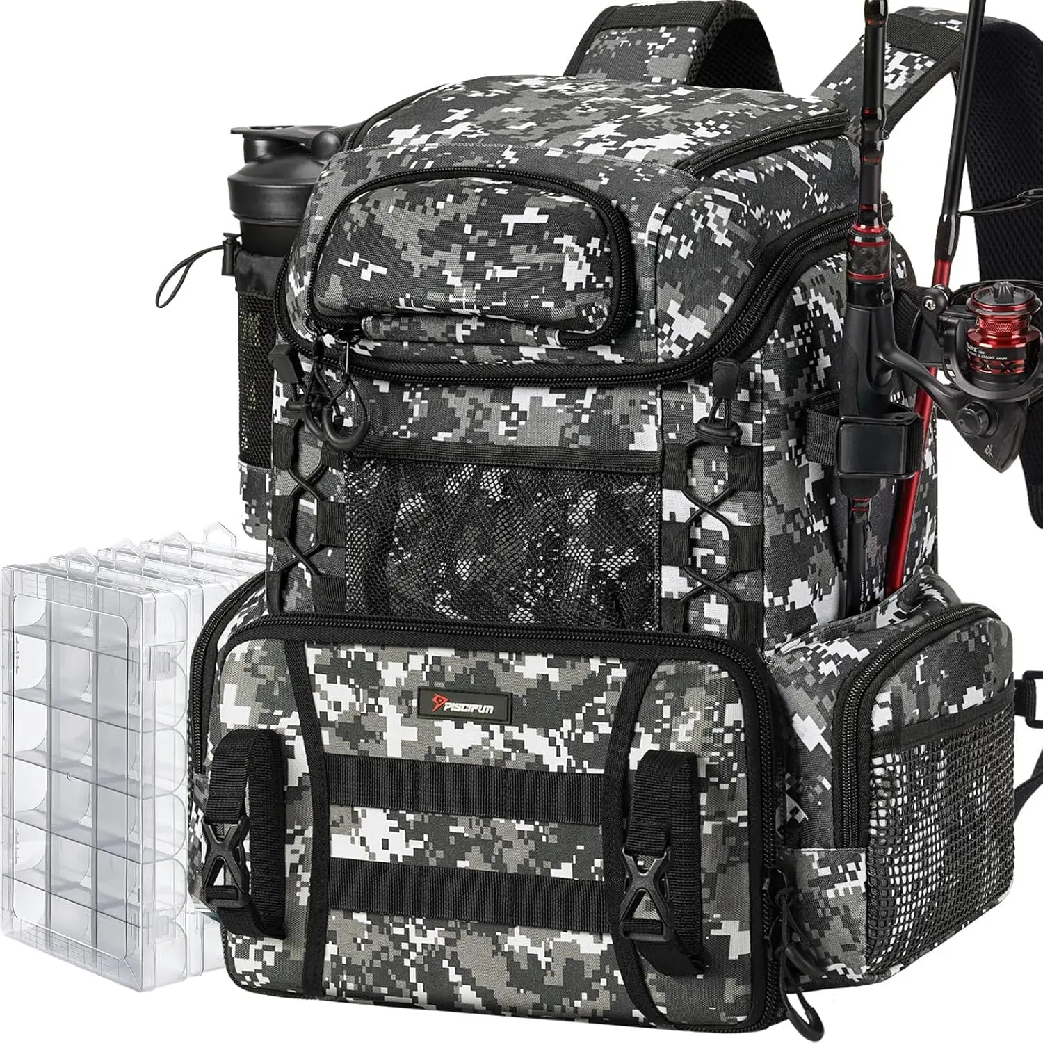 

Рюкзак для рыболовных снастей с держателями для удочек и 4 коробками для снастей, сумка для рыбалки на открытом воздухе объемом 42 л с водонепроницаемым дождевиком