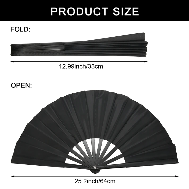 2 Pieces Large Folding Fan Nylon Cloth Handheld Folding Fan Chinese Kung Fu Tai Chi Fan Black Decoration Fold Hand Fan For Party