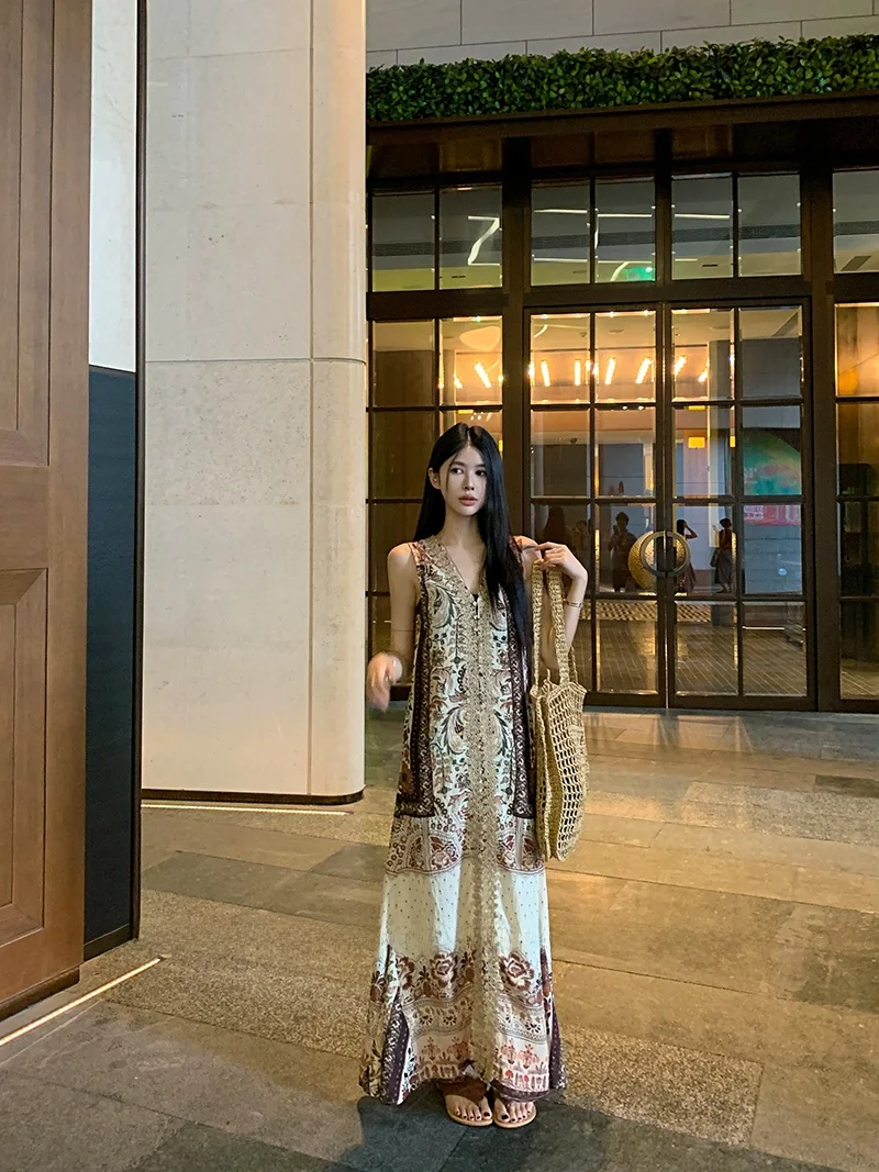 Vaion Sle Bloemenprint V-Ne Dames Dr Strandrok Lange Svel Jurk Hoge Taille en Etnische Zomer Faion