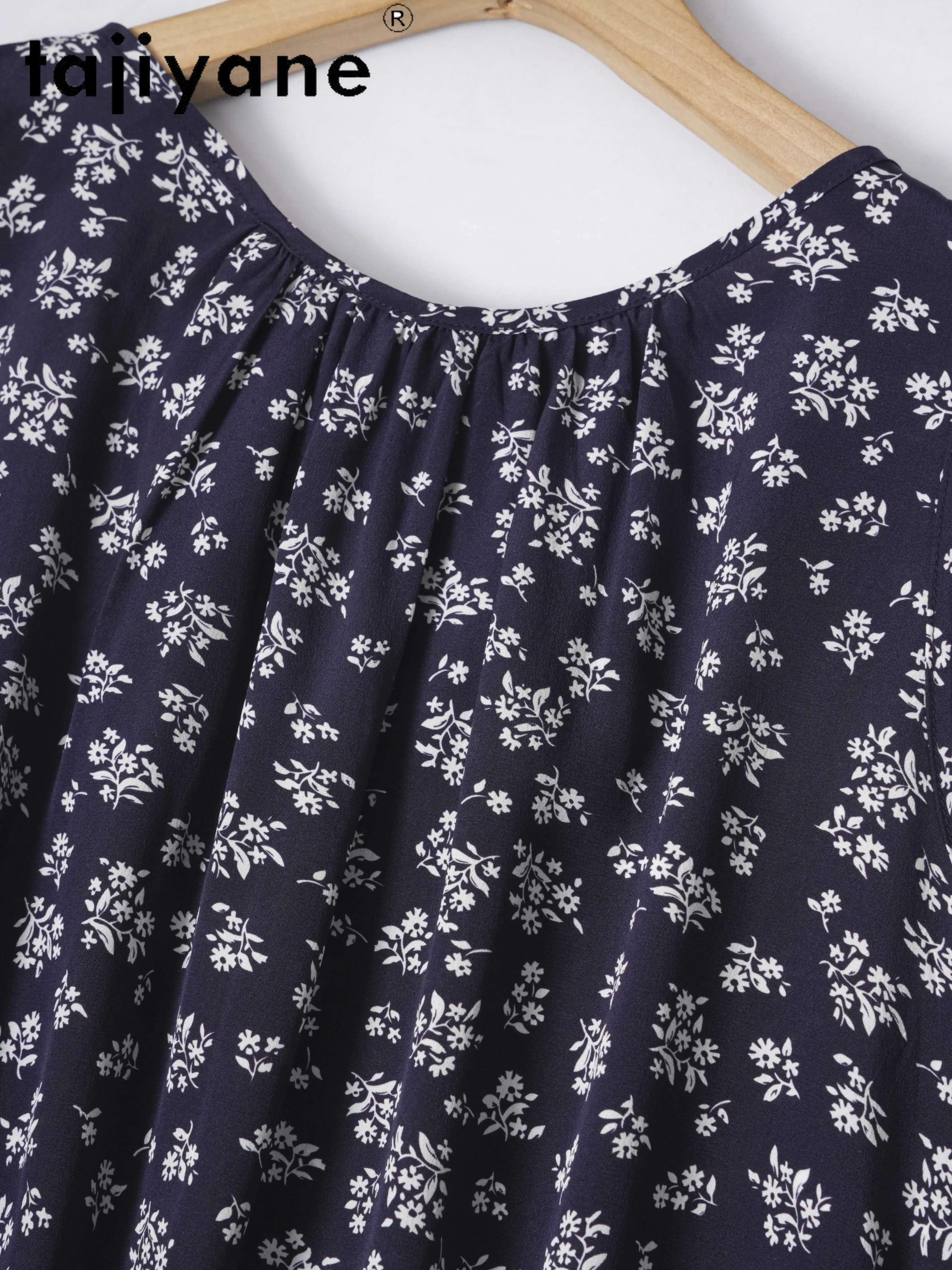 Tajiyane 100% soie de mûrier été nouveau minceur bleu Floral sur le genou soie col rond sans manches femmes robe Ж Dönali Одеж Б