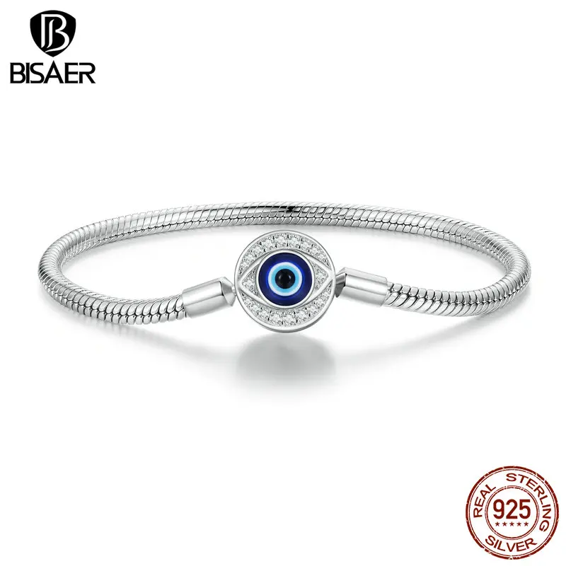 BISAER 100% 925 Sterling Silver Demon Eye Basic Bracelet Plated Platinum Charm Bracelets For Women DIY Fine Jewelry EFB122