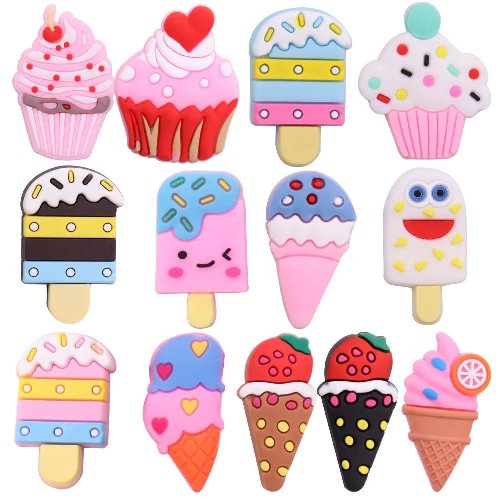 Hot Sale 1pcs Shoe Charms Strawberry Ice Cream Cake Popsicle PVC Garden Shoes Buckle Decorations Fit Kids X-max Gift