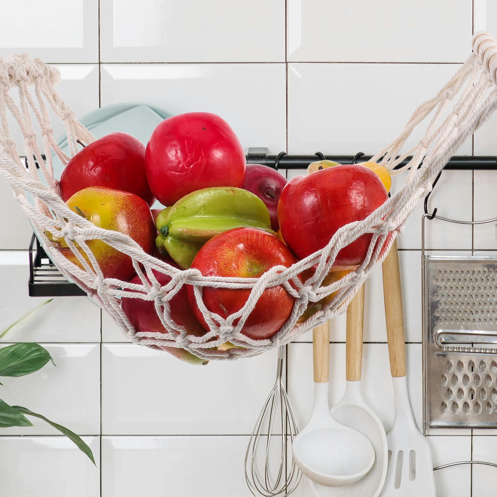 

2pcs Handmade Woven Kitchen Storage Basket Hanging Fruit Vegetable Organizer Macrame Banana Hammock Cotton Net Under Cabinet