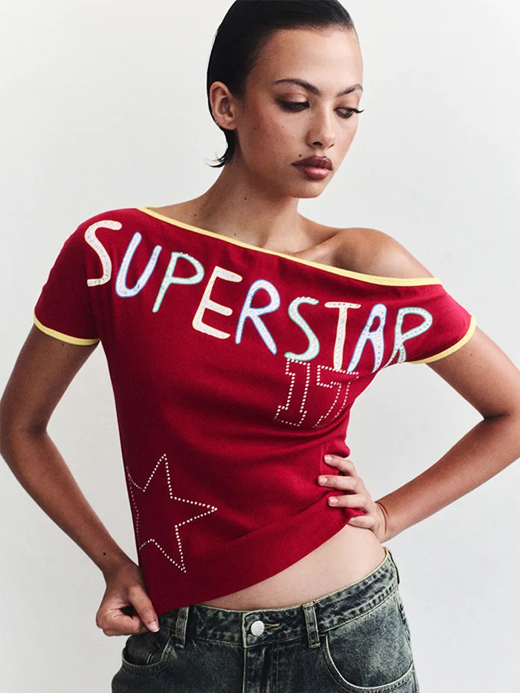 Street-mounted rhinestone star letter printed graphic T-shirt Y2K one-shoulder short-sleeved cut blouse in summer