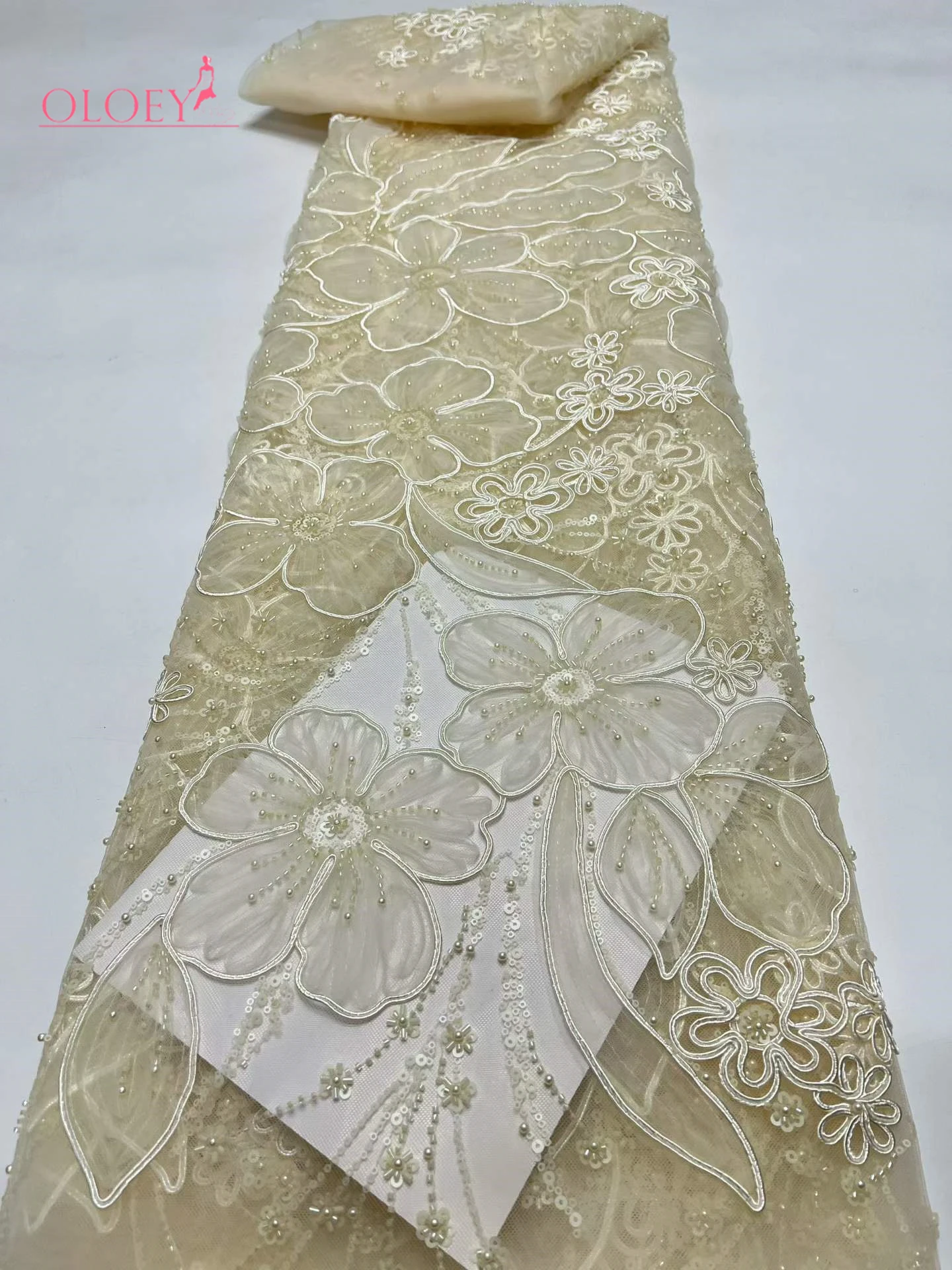 

OLOEY Элегантная африканская тюлевая ткань с пайетками и вышивкой, французское кружево с бисером 2026, нигерийская ткань для свадебных платьев
