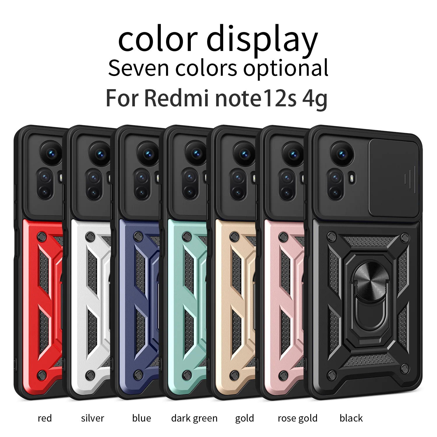 Xiaomi Redmi Note12S 4G用ケース、スライド式カメラレンズ保護アーマーケース、Redmi Note12S用マグネット式ホルダーリング付き保護カバー
