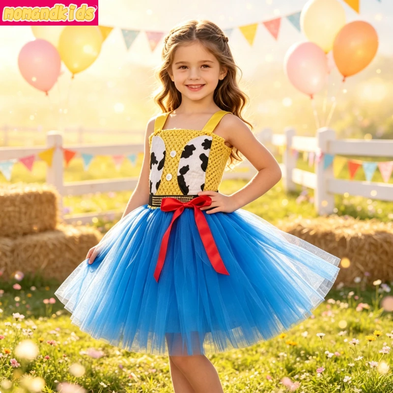 Cartoon Cowgirl Themed Jean Mesh Outfit Rustic Western Style Fluffy Bottom for Halloween Banquet Carnival Talent Show Costume