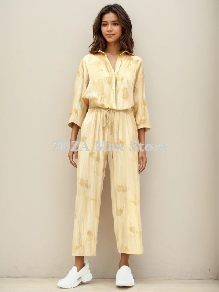 Jacquard Tie-dye Print Shirt Pants 2 Pieces Set Half Sleeve Single Breasted Blazer Drawstring Straight Leg Pant New Chic Suit