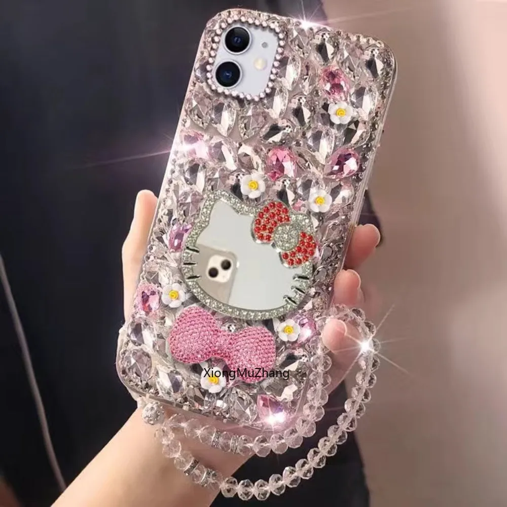 Cartoon Sanrio Hello Kitty Schleifen-Make-up-Spiegel Blumen-Diamant-Hülle für iPhone 17 18 16 Pro 15 14 13 12 11 Pro Max Glitzer-Abdeckung – Detail 2