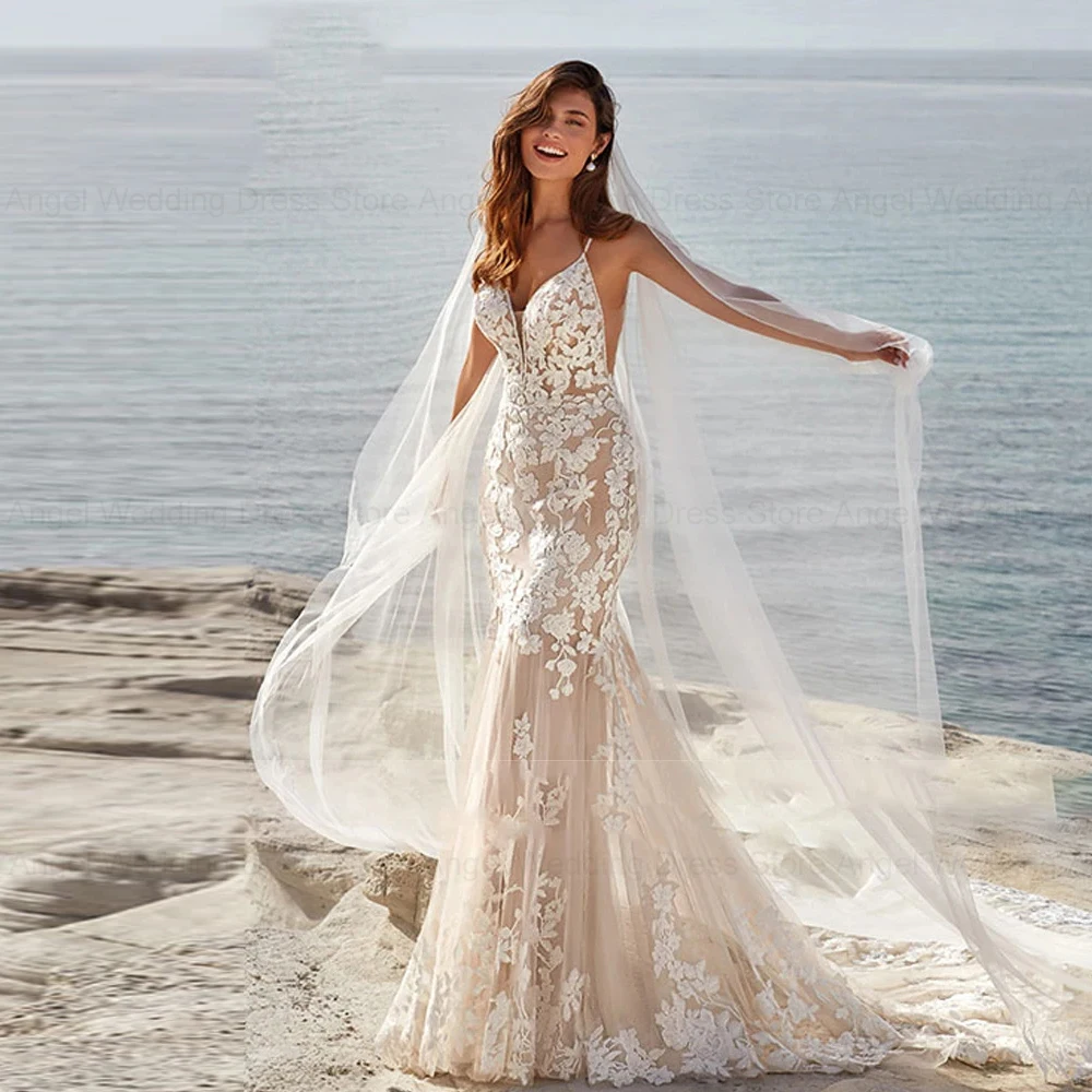 ENGEL Aangepaste Strand Zeemeermin Trouwjurk Voor Vrouwen 2025, Applicaties Kant Sweep Trein Backless Bruidsjurken Custom Made