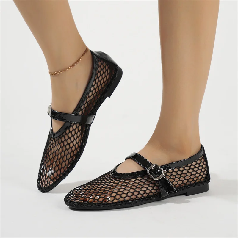 Women Ballet Flat Shoes Mesh Hollowed Out Sandals Summer Breathable Mary Jane Ladies Casual Fashion Buckle Big Size Single Shoes