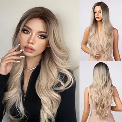 HENRY MARGU Long Wavy Ombre Brown Platinum Blonde Synthetic Wigs for Women Heat Resistant Natural Cosplay Party Lolita Hair Wigs