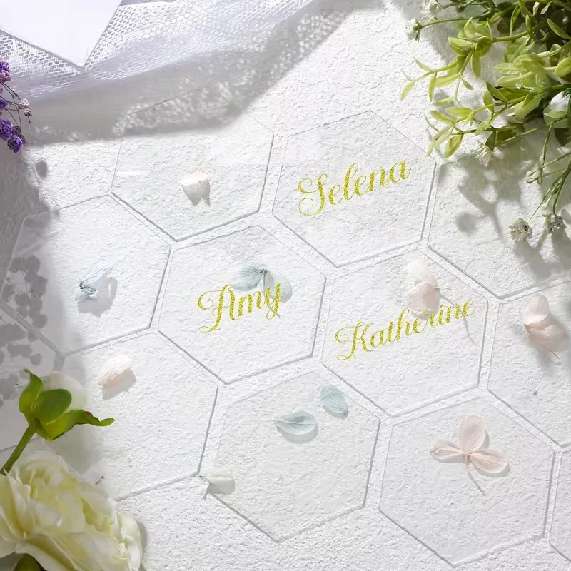 Acrylic Hexagon Name Place Cards for Weddings Christmas Halloween - Set of 10/30/50/80/120 Customizable Seating Arrangement Labe