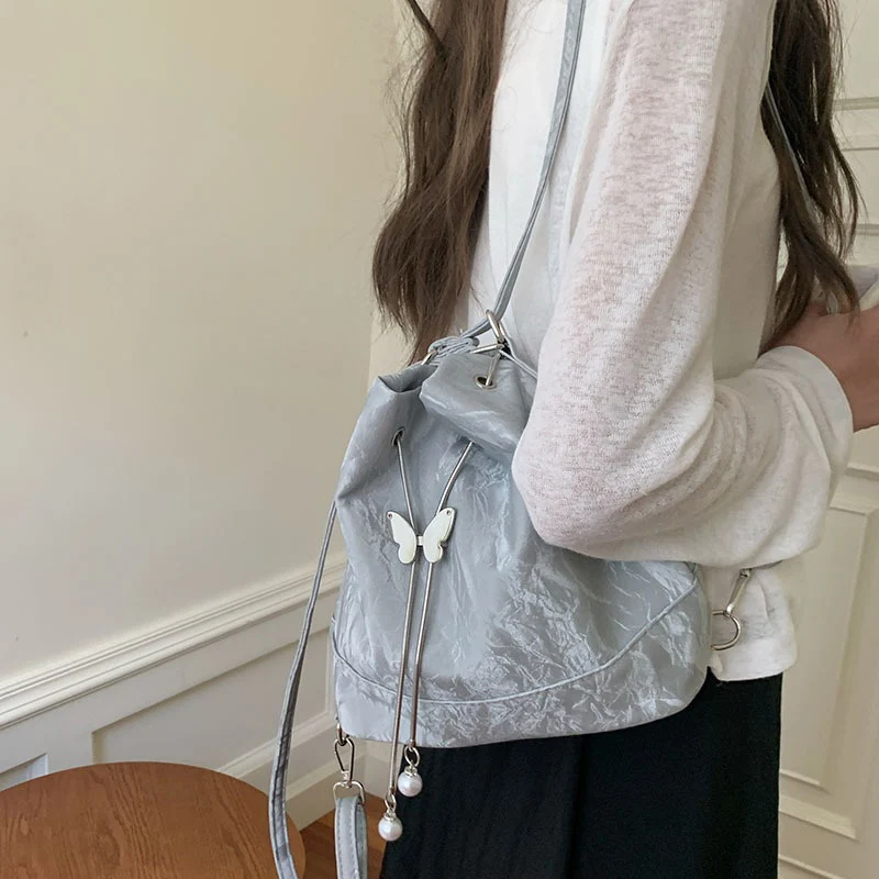Women Mint Green Butterfly Drawstring Backpack Lady New Korean Style Jacquard Mini Bucket Bag Female Cutecore Shoulder Bags