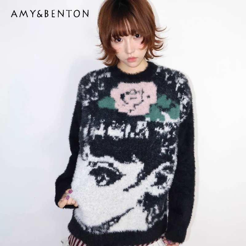 

Original Black White Comic Girl Comfortable Mohair Women's Sweater Autumn Winter New Thick Warm Loose Versatile Pullover Ladies