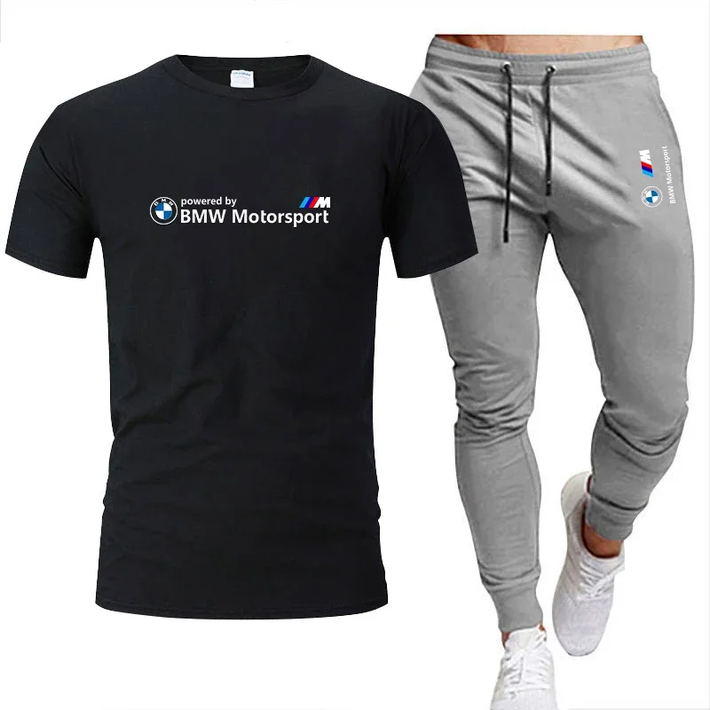 Fashion Casual Sportswear Summer BMW Brand Logo Printed Suit Men's Jogging Fitness Suit Men's Suit T-shirt + Pants 2-Piece Set