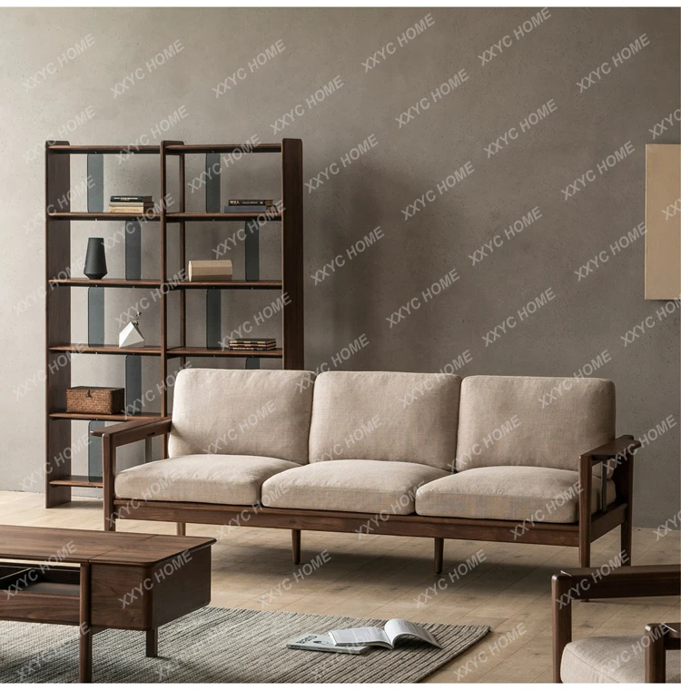 

HMJ solid wood living room sofa all solid wood modern simple three-person fabric sofa black walnut living room Japanese style