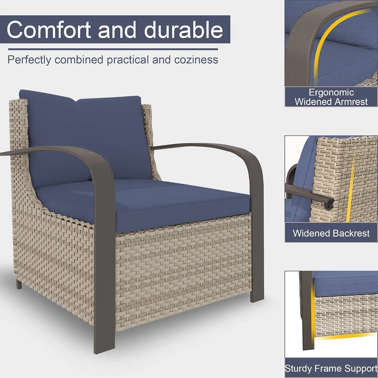 3-Piece Patio Furniture Set High Back Rattan Chairs & Side Table Outdoor Balcony Garden, Customized