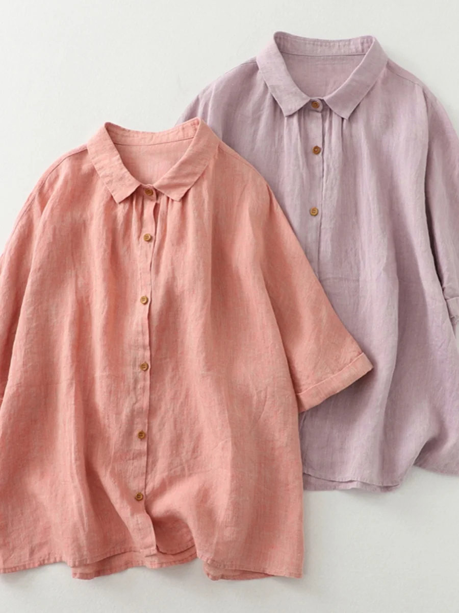 

Свободный крой из смеси хлопка и льна ort Sve irt, винтажный цветной тканый женский летний топ на пуговицах, классический дизайн с воротником