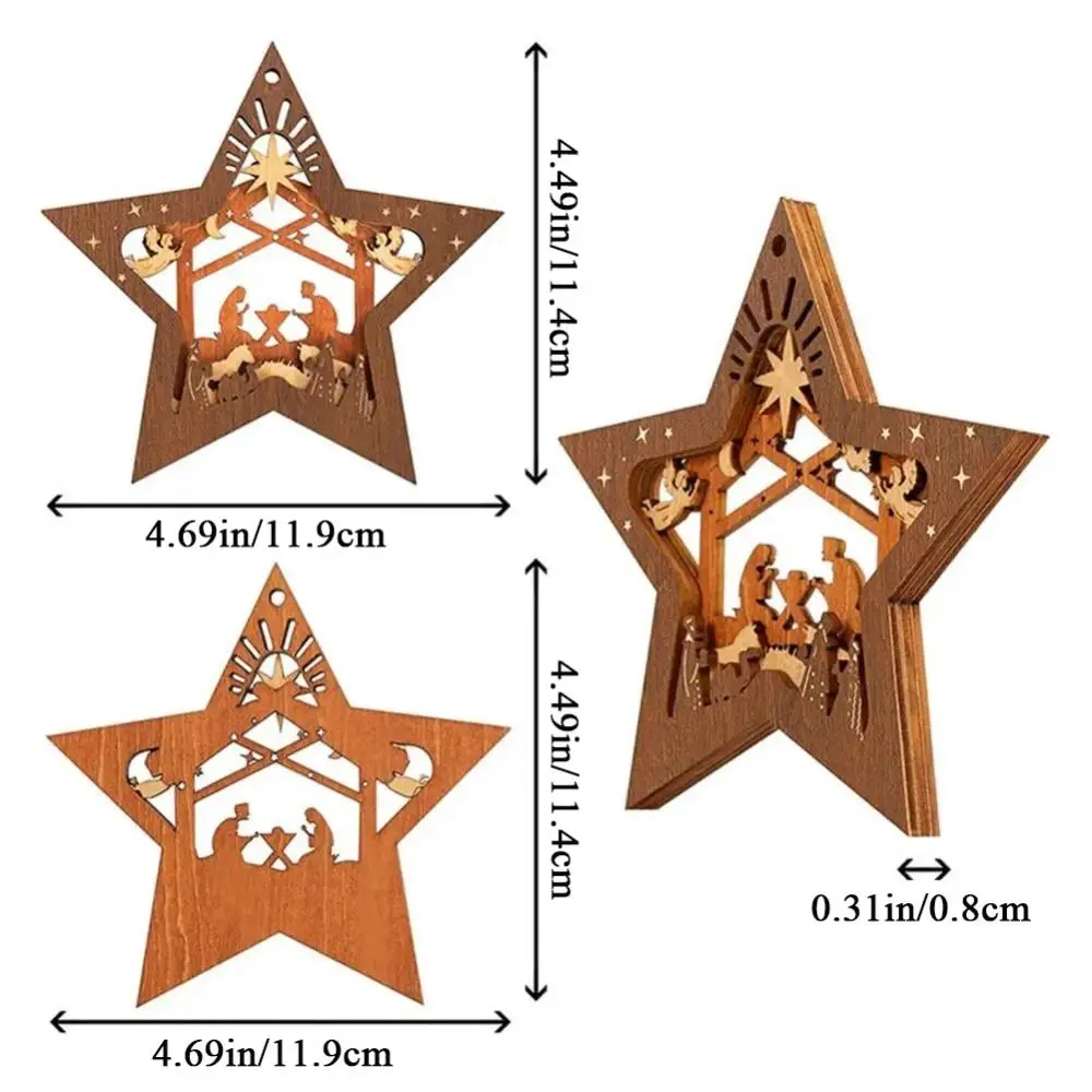 Traditional Wooden Nativity Scene Star Ornaments Hollow Hanging Nativity Scene Pendants Star Shaped Christmas Tree Ornament Home