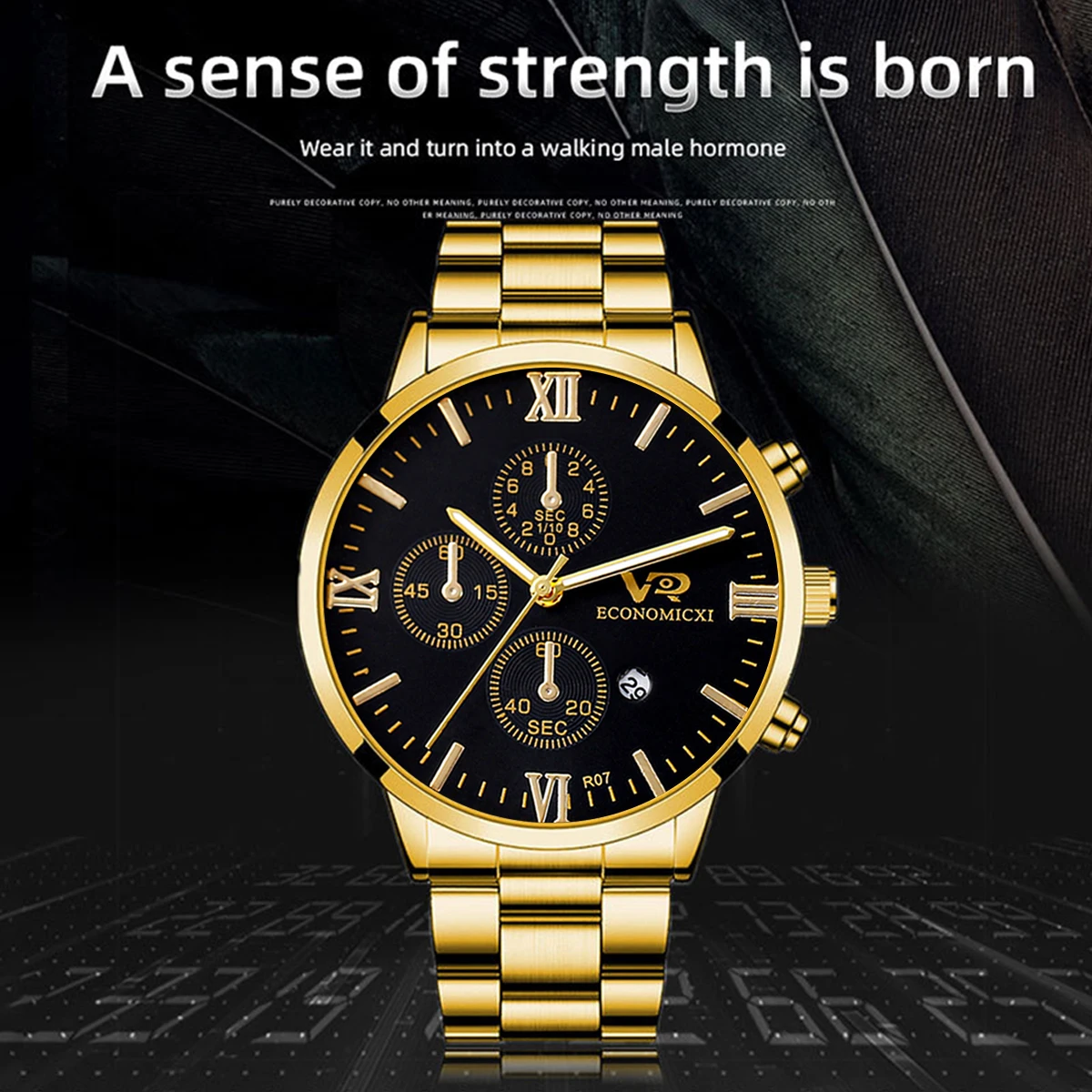 2Pcs Men\'s Fashion Business Casual Three Eyes Calendar Luminous Digital Steel Band Quartz Watch Alloy Bracelet Set