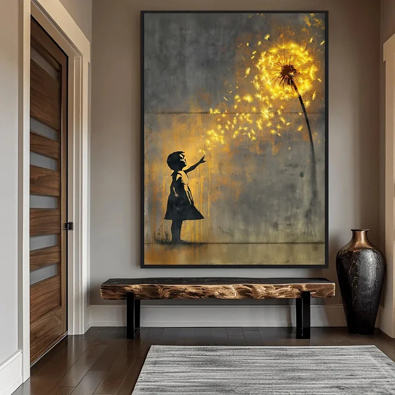 Multiple sizes 1pc frameless Canvas Painting,Pop Street Graffiti Girl with Golden Dandelion Poster and Prints Canvas Painting Wa