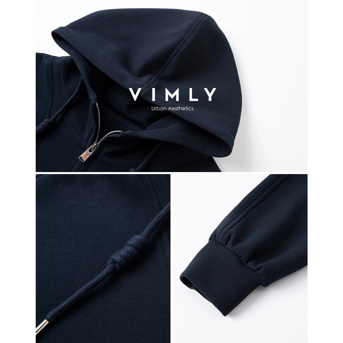 VIMLY ネイビーブルーカジュアルパーカー女性秋 2025 新しいハーフジッパーショートニットセータースポーティなドローストリング長袖トップス A2352