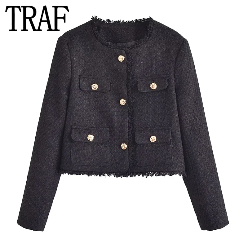 

TRAF Cropped Tweed Jacket Woman Vintage Short Black Jacket Women Button Elegant Womens Jackets Long Sleeve Autumn Women's Jacket