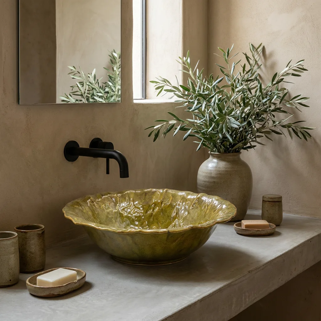 R*# Light Luxury High-End Modern Eco-Friendly Wood Grain Relief Ceramic Art Basin with Flower Shape