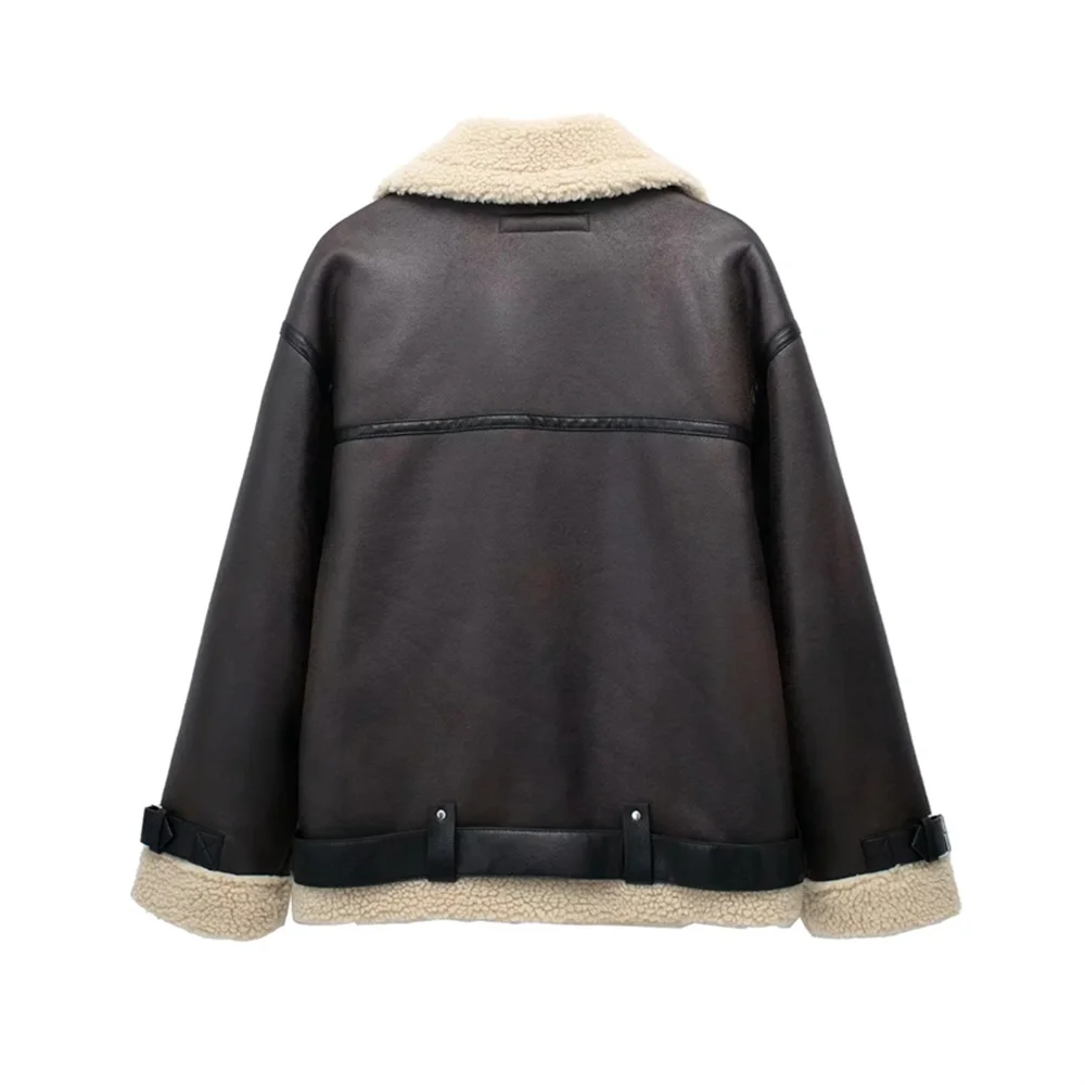 TRAF Autumn new women\'s fashionable fur one-piece thickened warm jacket with belt and double-sided jacket jacket