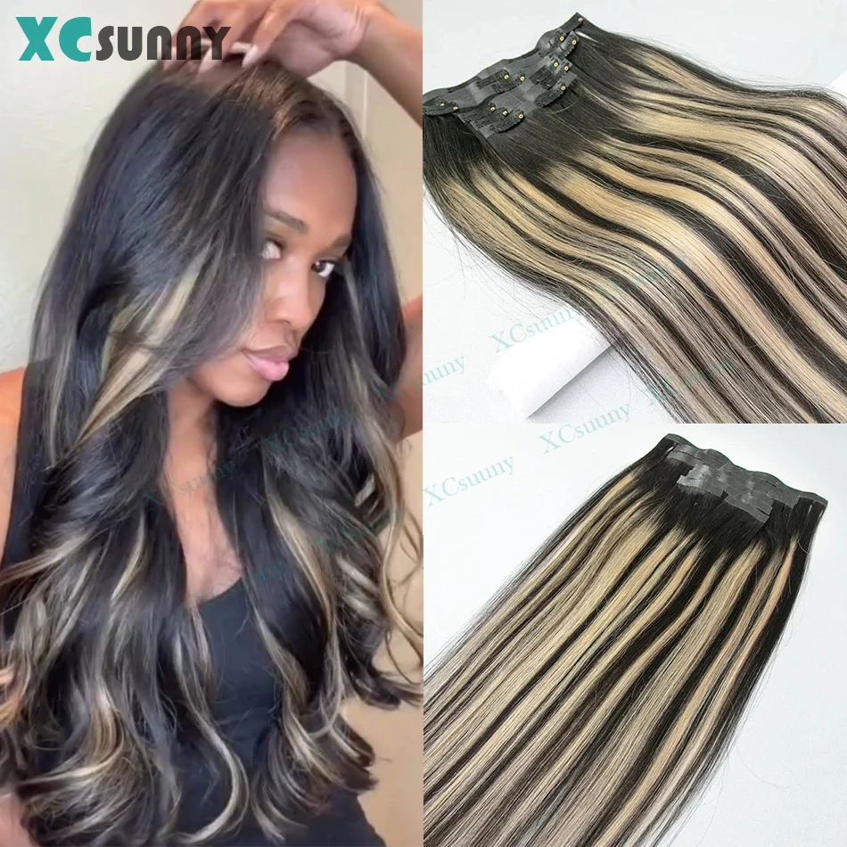 Highligh Clip Ins Human Hair Seamless PU Clip In Hair Extensions Human Hair Straight Highlighted 1b 613 100g-240g For Women