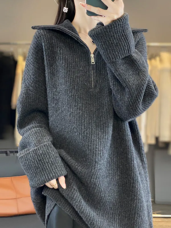 

Кашемировый свитер с ленивым ветром, свитер с лацканами на половину молнии, женский свободный толстый длинный свитер, тонкий топ
