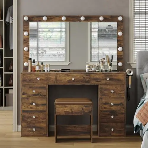Vanity Desk & Power Outlet, Makeup Table with Mirror, 12 LED Lights & 3 Lighting Modes, 11 Drawers, Includes Chair