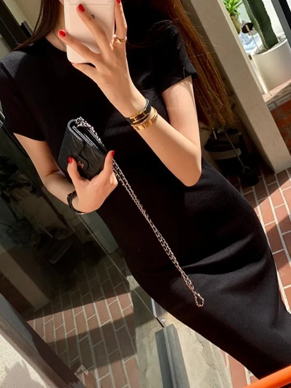 T-shirt coupe cintrée Dr femme Chic rond Ne Ba taille fendue cintrée Sexy moulante longue Dr tendance coton ort Sve