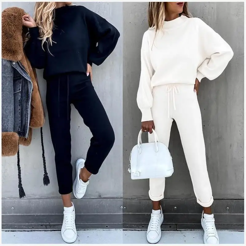 Thickened Casual High Collar T-Shirt Set Pure Color Two-Piece Women's Autumn Winter Fashion Comfortable Breathable Clothing