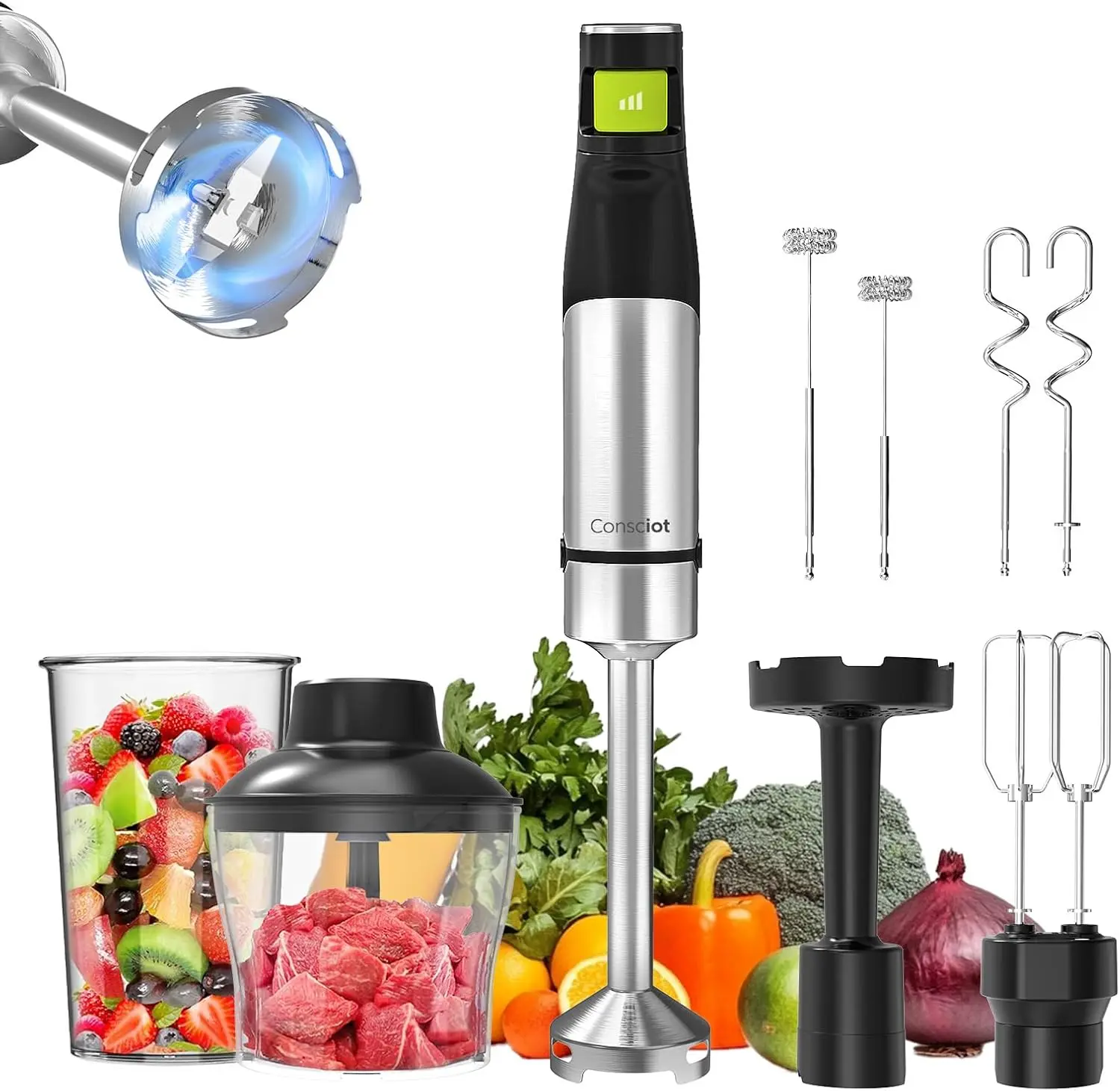

7-in-1 Immersion Blender 1100W, Stainless Steel Shaft, Trigger Speed Control, 800ml Beaker, 600ml Chopper, Attachments