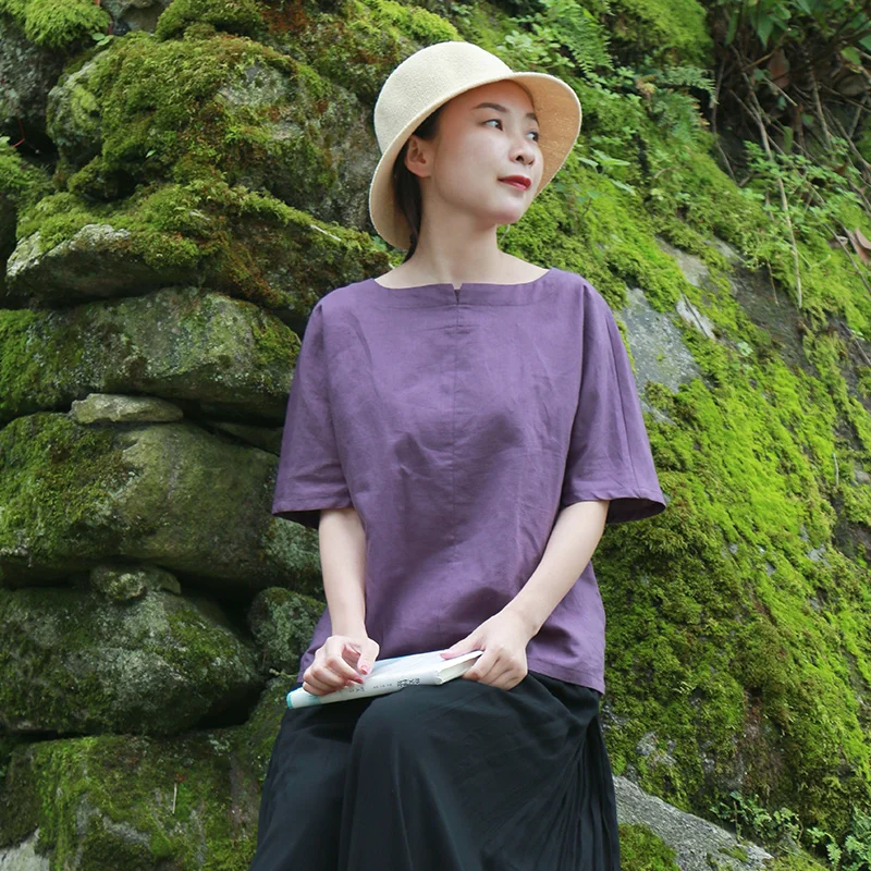 LZJN Cotton and linen national wind blouse female summer  Ethnic style Bateau neck casual loose purple shirt