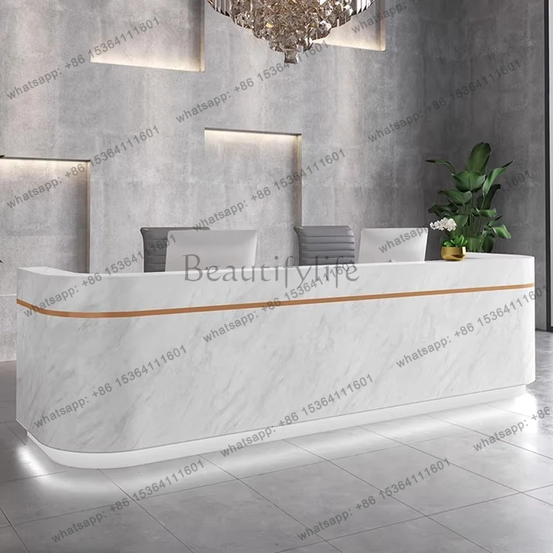 

Imitation marble reception desk fashion paint beauty salon counter curved desk custom