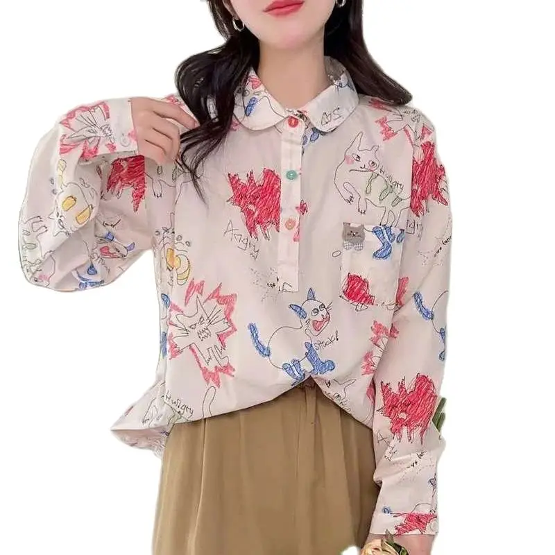 New Autumn Cotton Long Sleeve Shirts, Women Lapel Cartoon Cat Tops, Mori Girl Loose Sweet Casual Blouses, 2024 Winter T48689QC