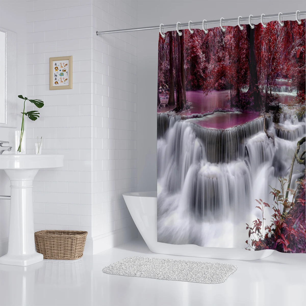 Enchanted Waterfall & Purple Autumn Forest Print Shower Curtain with 12 Hooks, Modern Home Bathroom Decor,All-Season Universal