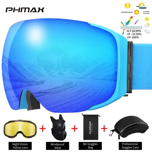 PHMAX Pro Ski Goggles UV400 Anti-fog Eyewear Magnetic Lens Night Vision Yellow Lens Outdoor Sports Snowboard Big Snow Goggles - Image 9