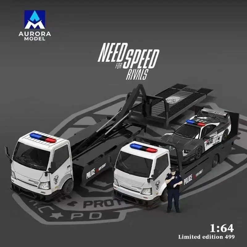 AM Aurora Diecast escala 1/64 ‌ H300 Lowboy semi-reboque e F40 Police Livery Edition liga modelo de carro brinquedos para meninos presente