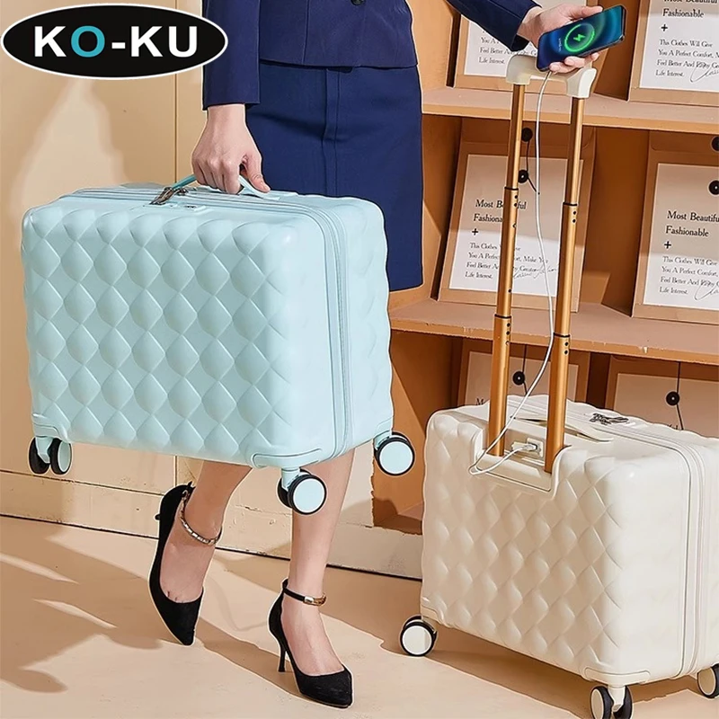 KO-KU 20Inch Boarding Box High Value 2024 New Female Universal Wheel Trolley Case USB Interface TSA Combination Lock Suitcase