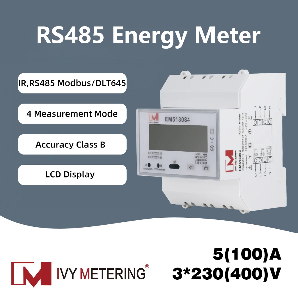 

IVY EM513084 Трехфазный четырехпроводной счетчик энергии ИК-связи, DIN-рейка 100 А, сертифицированный MID, сенсорное управление для базового E