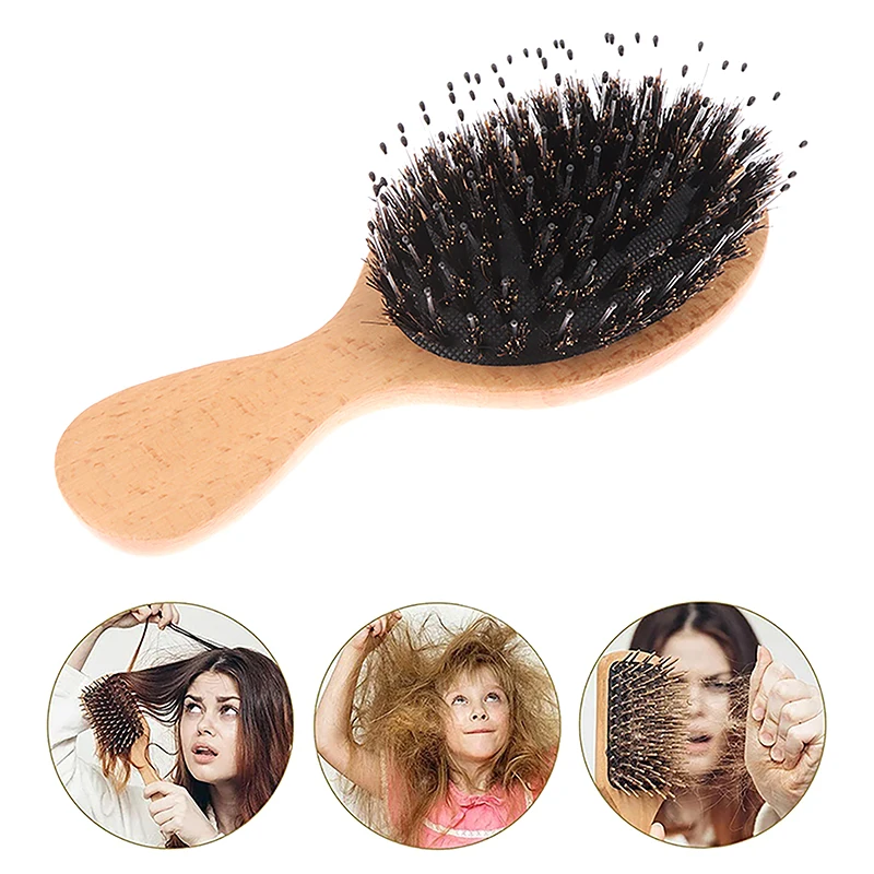 Wooden Handle Boar Bristle Hair Brush Anti-static Scalp Massage Comb Portable Oval Mini Air Bag Comb Hair Styling Tools