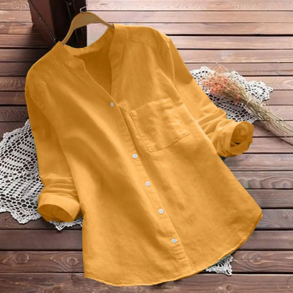 Button Down Shirt Breathable V-neck Top for Women Loose Fit Long Sleeves Solid Color Ideal Streetwear for Spring Autumn Tops